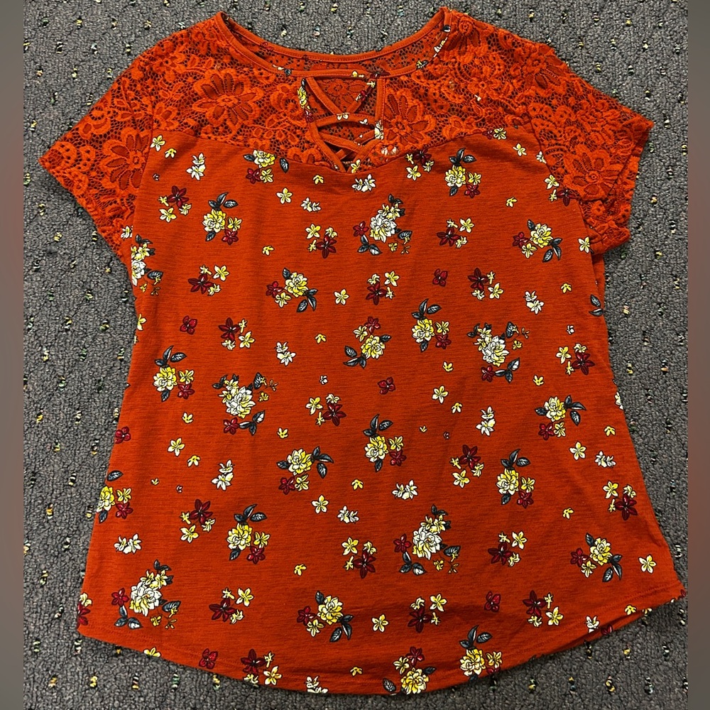 Floral Lace Sleeve Top - Orange